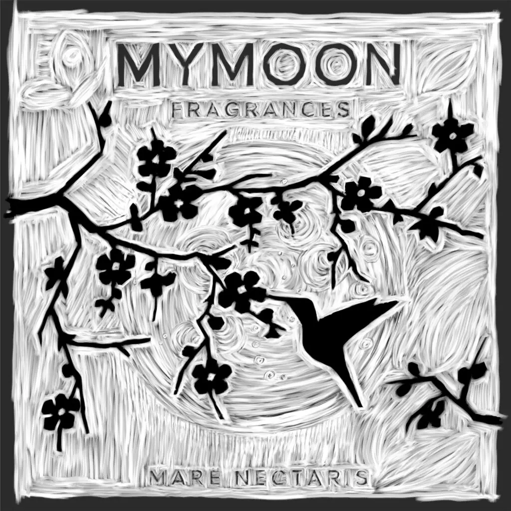 Illustrazione digitale in bianco e nero per MYMOON: un colibrì tra rami di ciliegio in fiore davanti alla luna, ispirata alla xilografia.