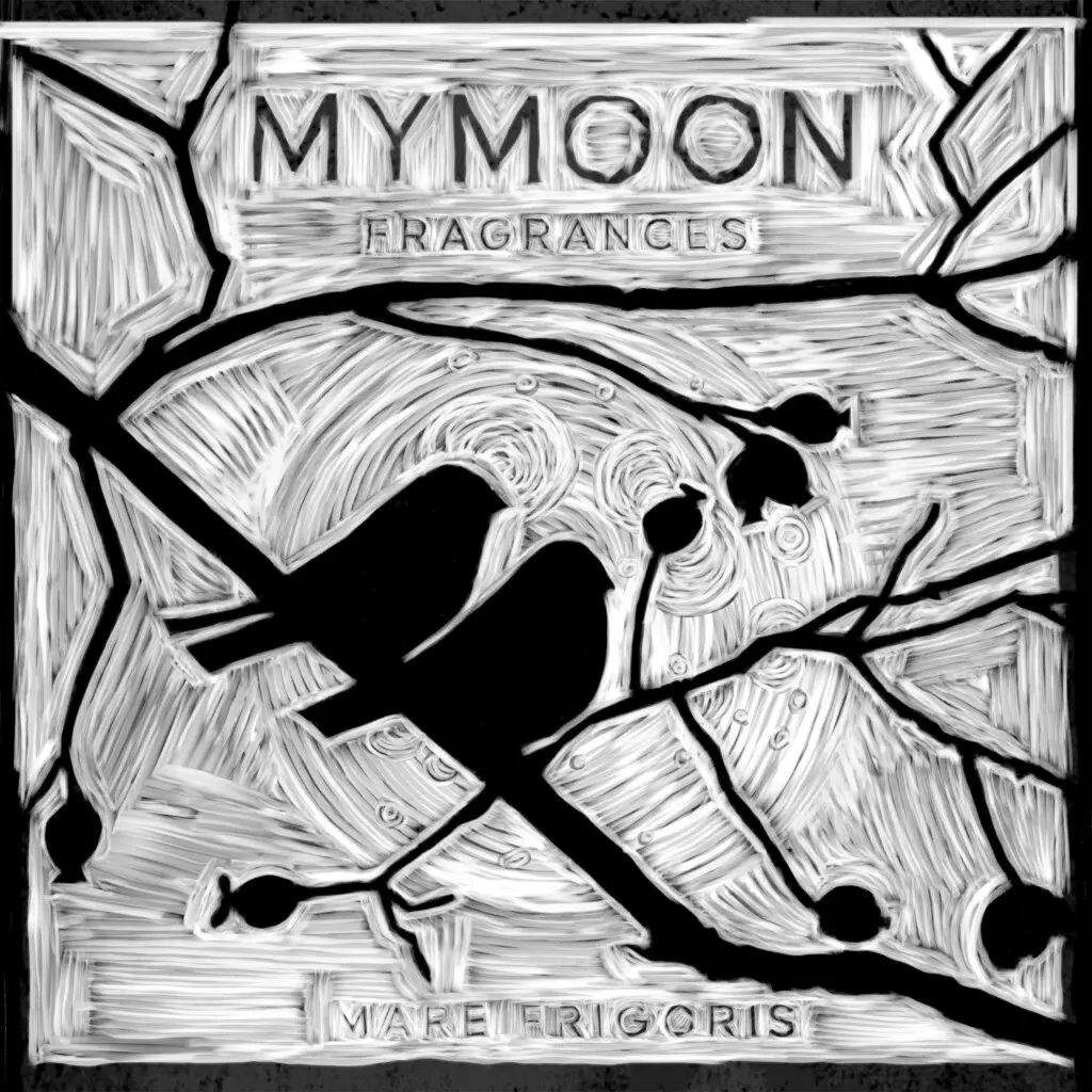 Illustrazione digitale in bianco e nero per MYMOON: due passerotti su rami spogli davanti alla luna, con segni ispirati alla xilografia.