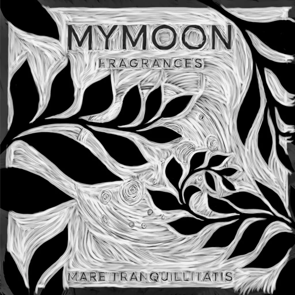 Illustrazione digitale in bianco e nero per MYMOON: foglie mosse dal vento davanti alla luna, con segni ispirati alla xilografia.