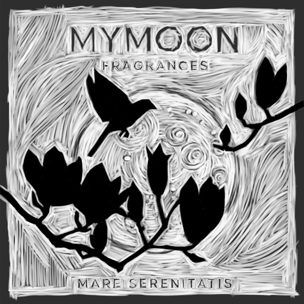 Illustrazione digitale in bianco e nero per MYMOON: fiori di magnolia davanti alla luna, con segni ispirati alla xilografia.